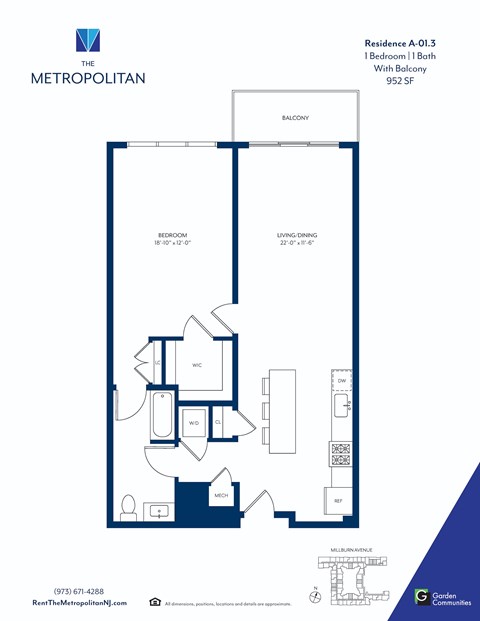 Floor plan for 1 bed, 1 bath, 952 sqft